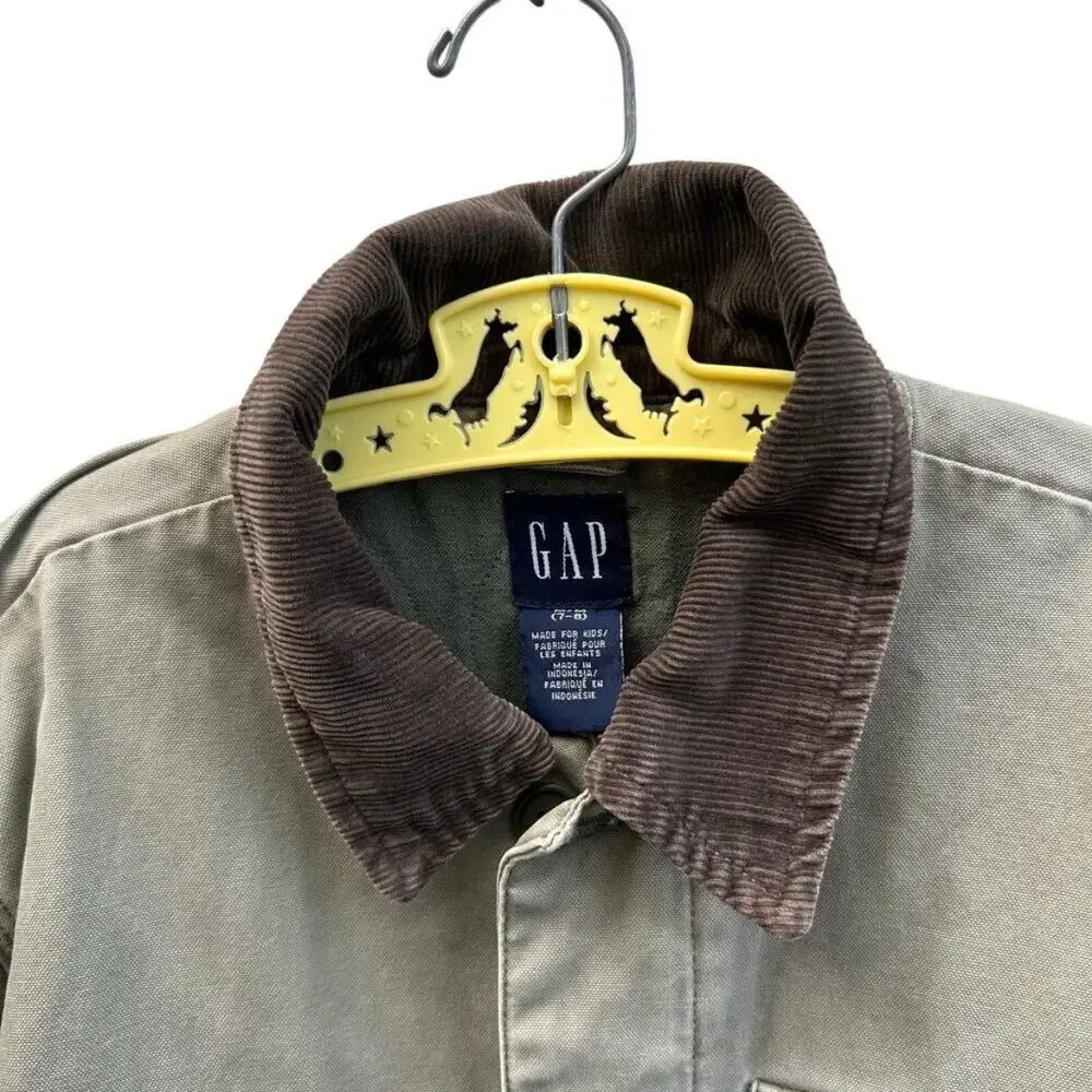 GAP Olive Canvas Corduroy Collar Chore Jacket Size Kids 7-8y